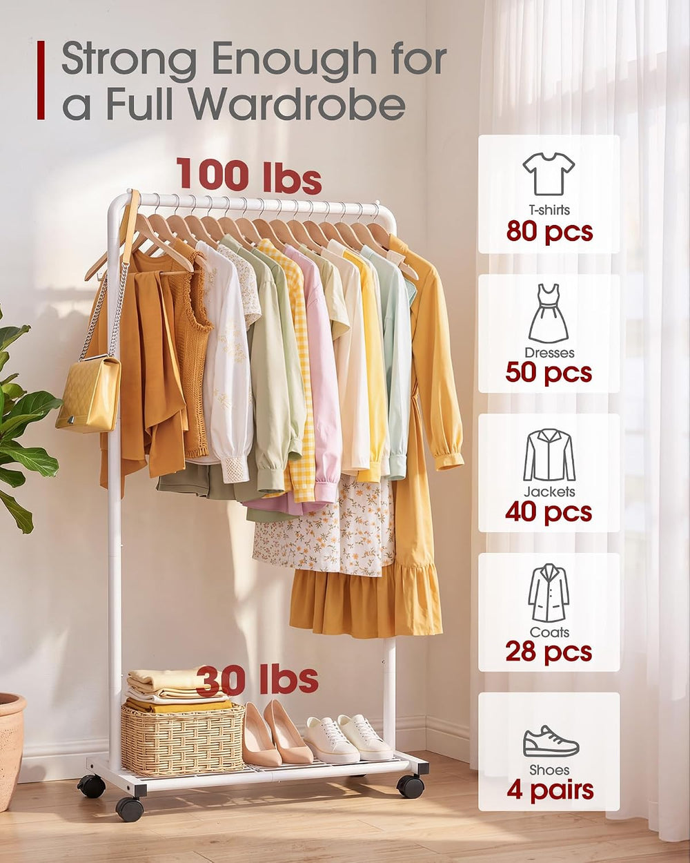Sakugi Clothes Rack - Clothing Rack with Storage Mesh Shelf & Casters, He...