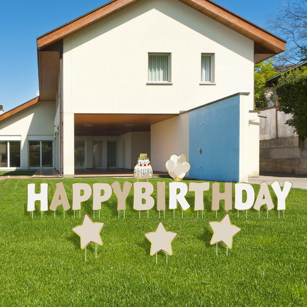Jetec 18 Pcs Happy Birthday Yard Sign with Stakes and Light, Beige