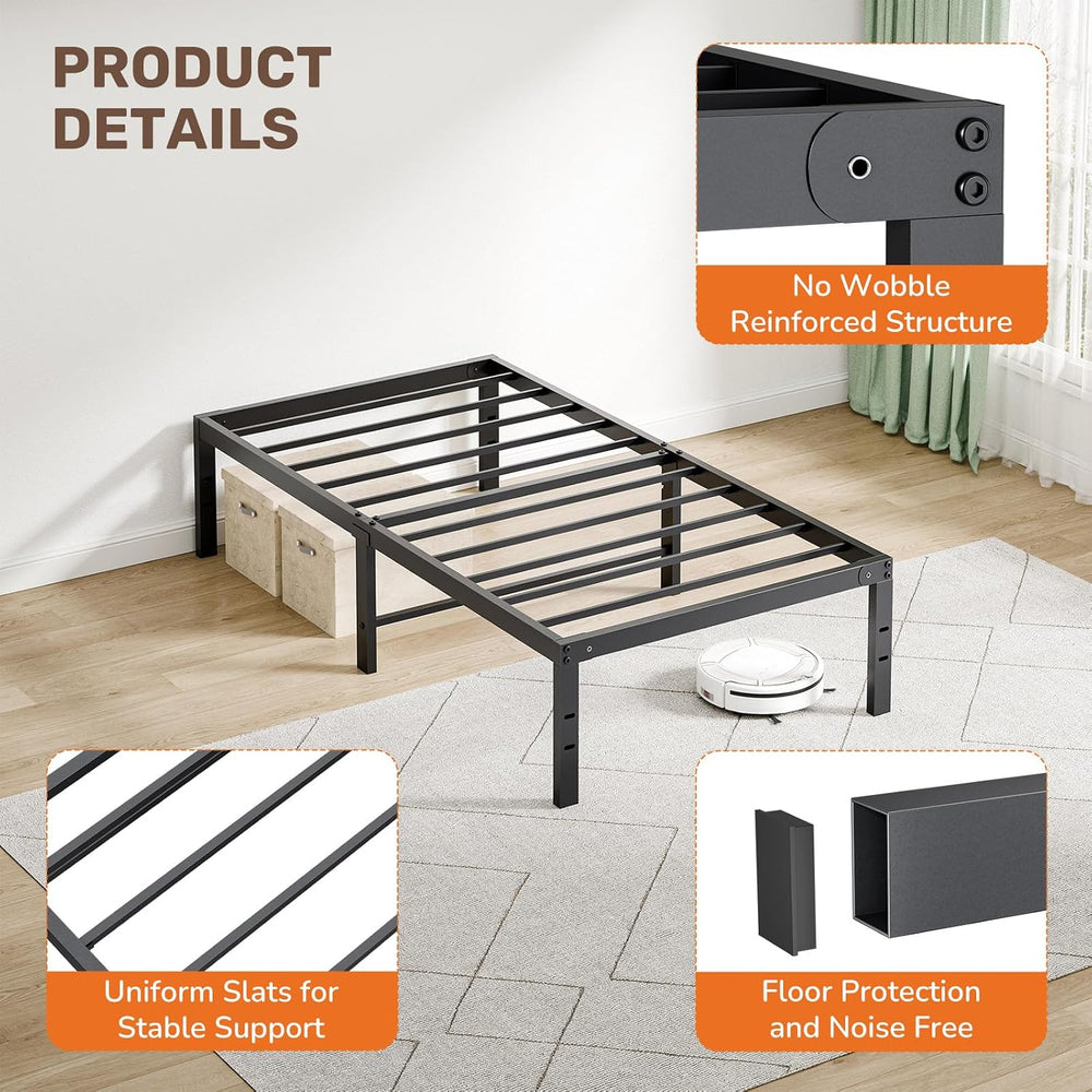 Sweetcrispy 14 Inch Twin Metal Bed Frame, Under Bed Storage, Black