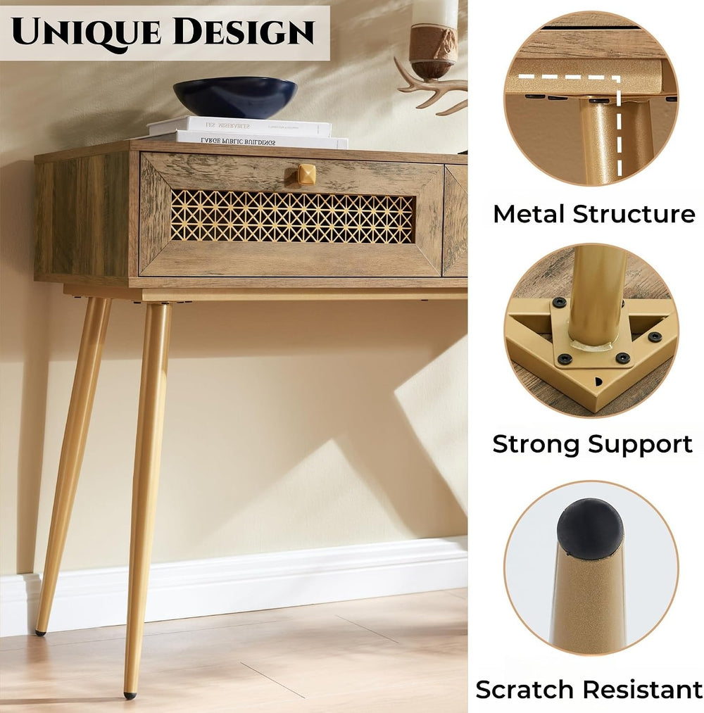 Mid Century Modern Console Table with Drawers, Narrow Sofa Table for Living R...