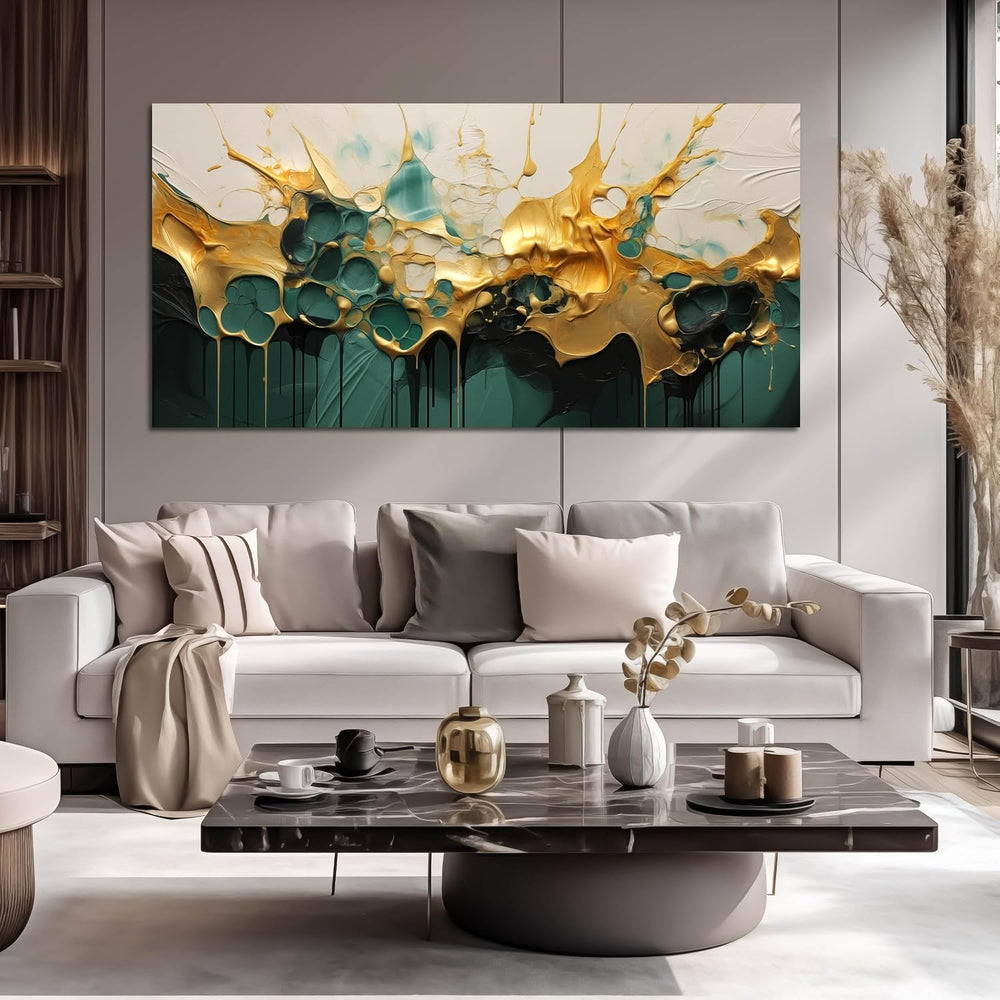 SKYRISE Abstract Teal Gold Canvas Wall Art for Living Room, Dark Green Wall-D...