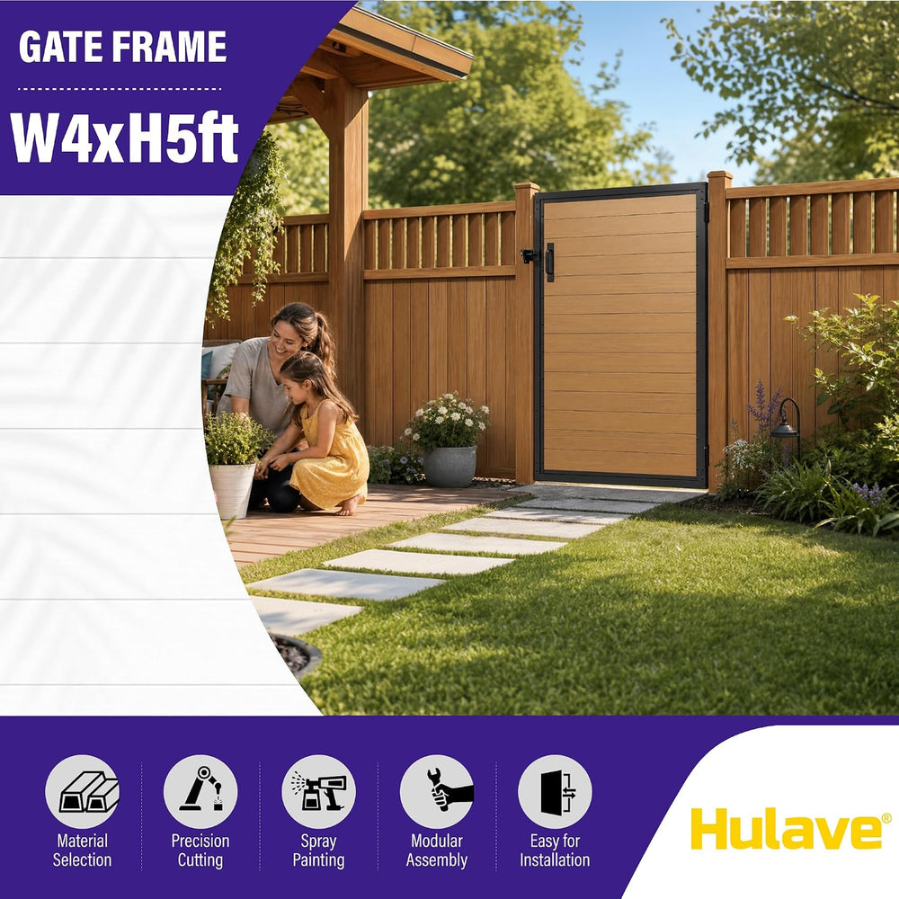 Hulave 4x5FT(46.8" Wx59 H) Fence Gate Kit Wood Grain Aluminum Panel, Brown