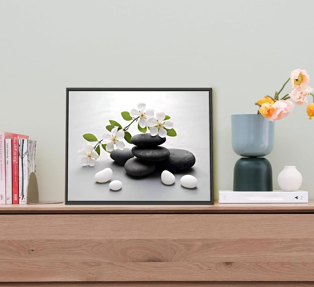 Framed Zen Stone Flower Canvas Wall Art Orchid Flower Black White Zen Stone P...