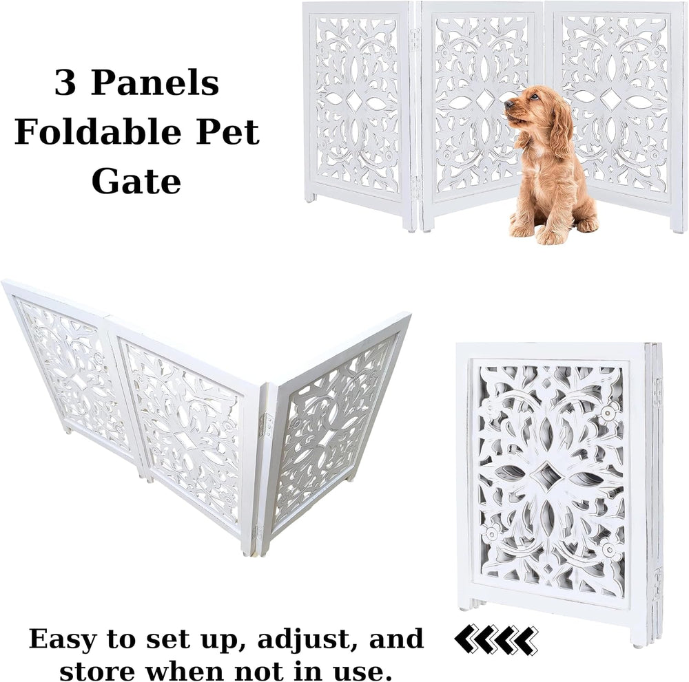 Lightnpro Wooden Pet Gate – Decorative Carved Foldable Dog Fence, Extra-Wide ...