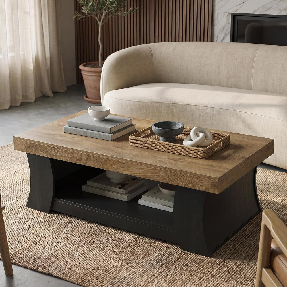 LITTLE TREE 55" Coffee Table, Living Room Table with Storage Shelf, Wood...