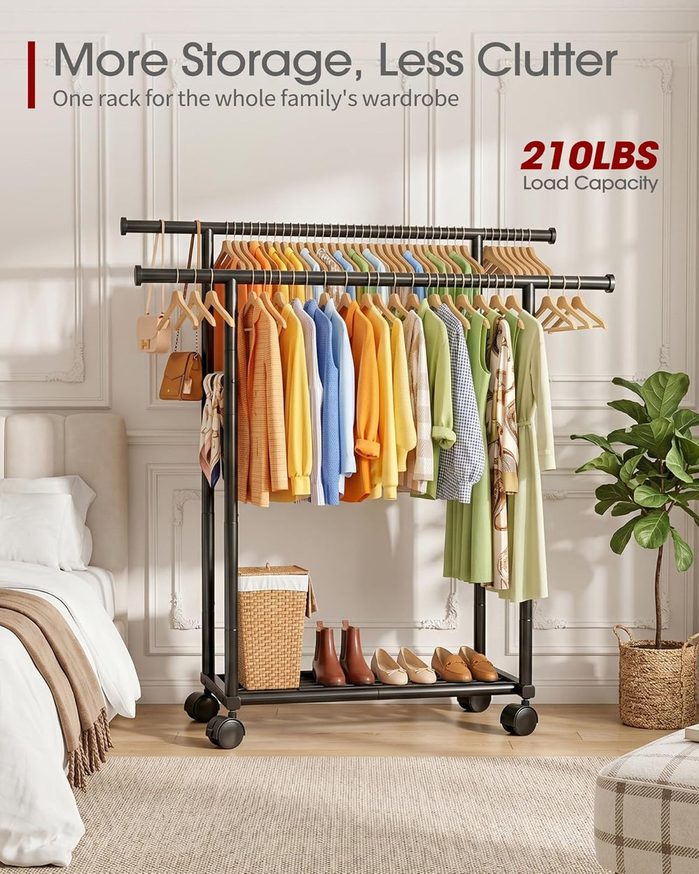 Sakugi Rolling Double Rod Clothes Rack with Shelf, 39" x 17" x 60&q...
