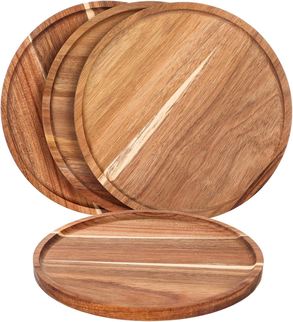 OMISTAR 4 Pcs Acacia Round Wood Dinner Plates, 9.8 in Decorative Wooden Plate...