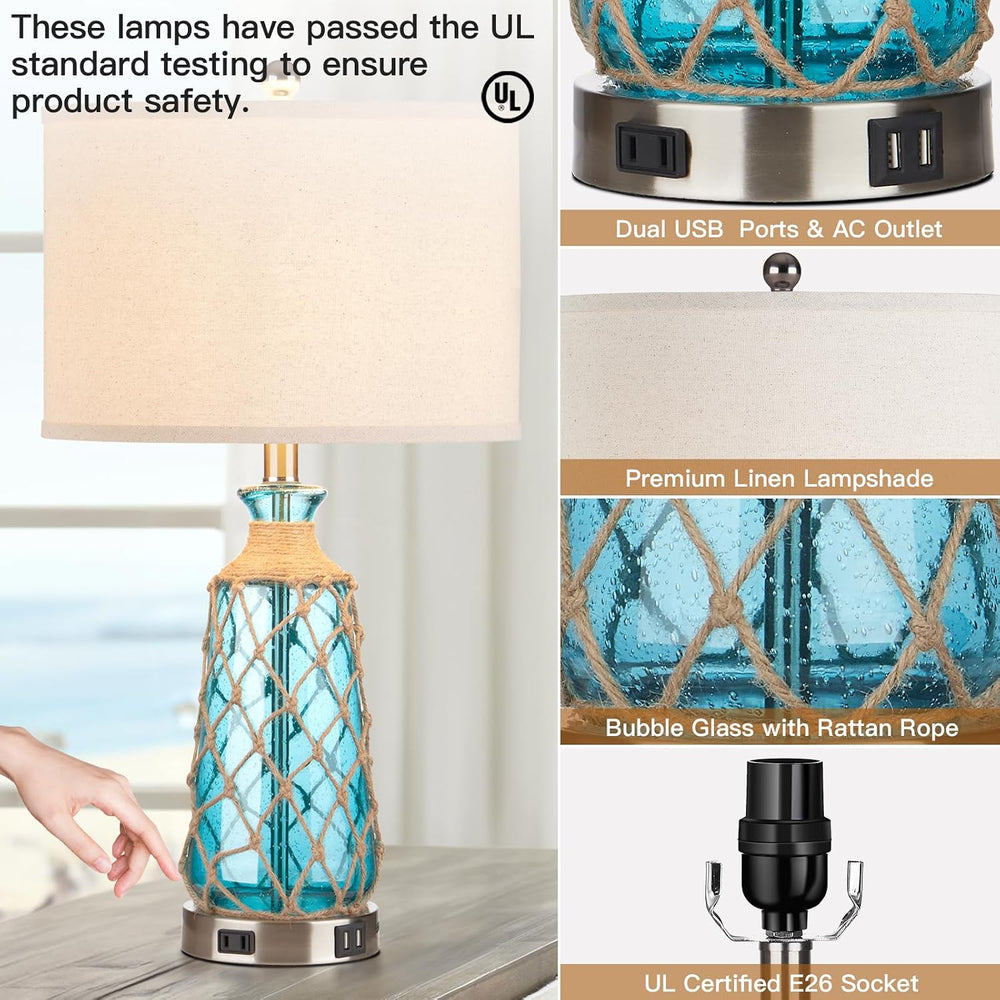 Ruzectt 25.5" Coastal Glass Table Lamps Set of 2, 3-Way Dimmable Touch C...