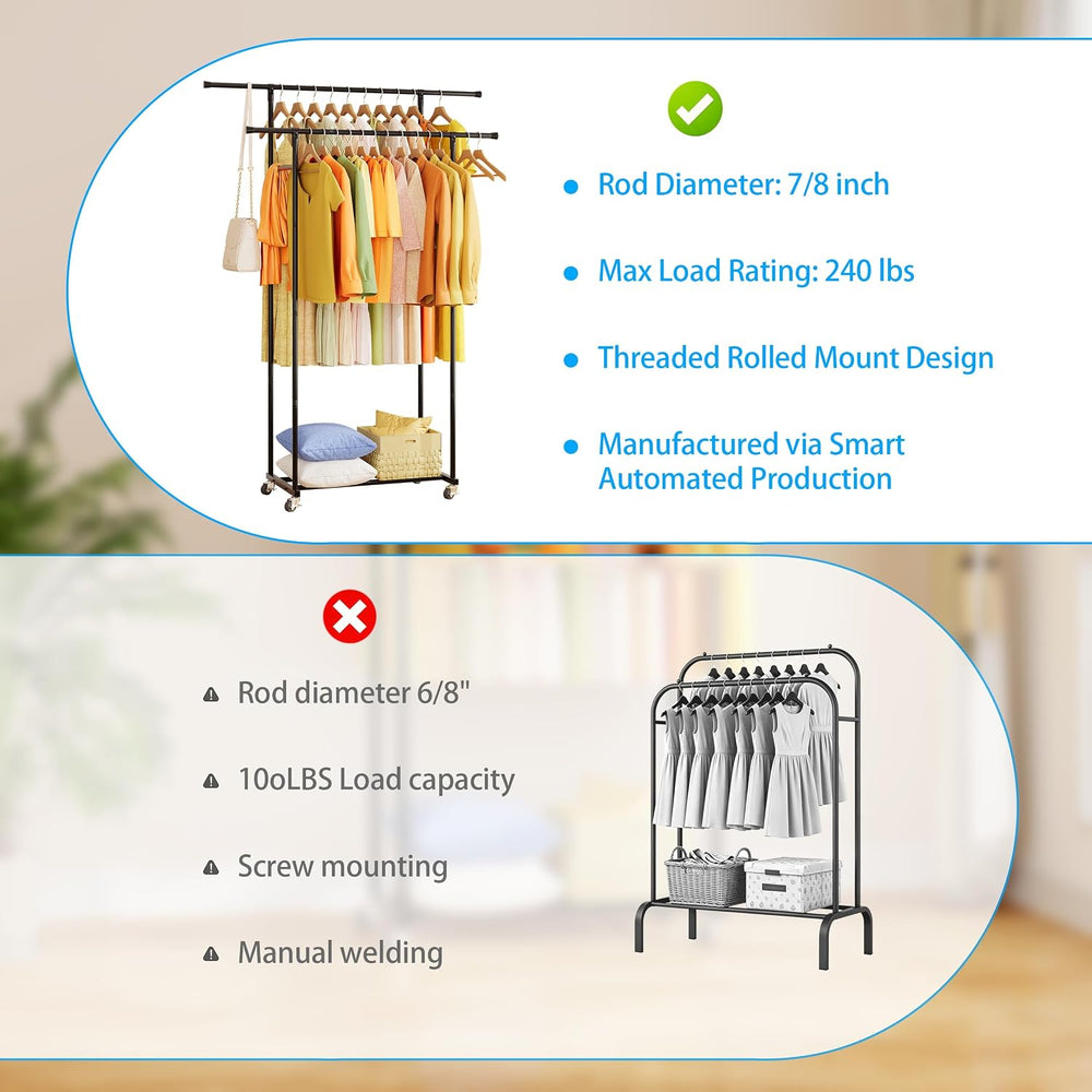 ecobedding Garment Rack with Wheels, Portable Clothing Rack for Bedroom, Clos...