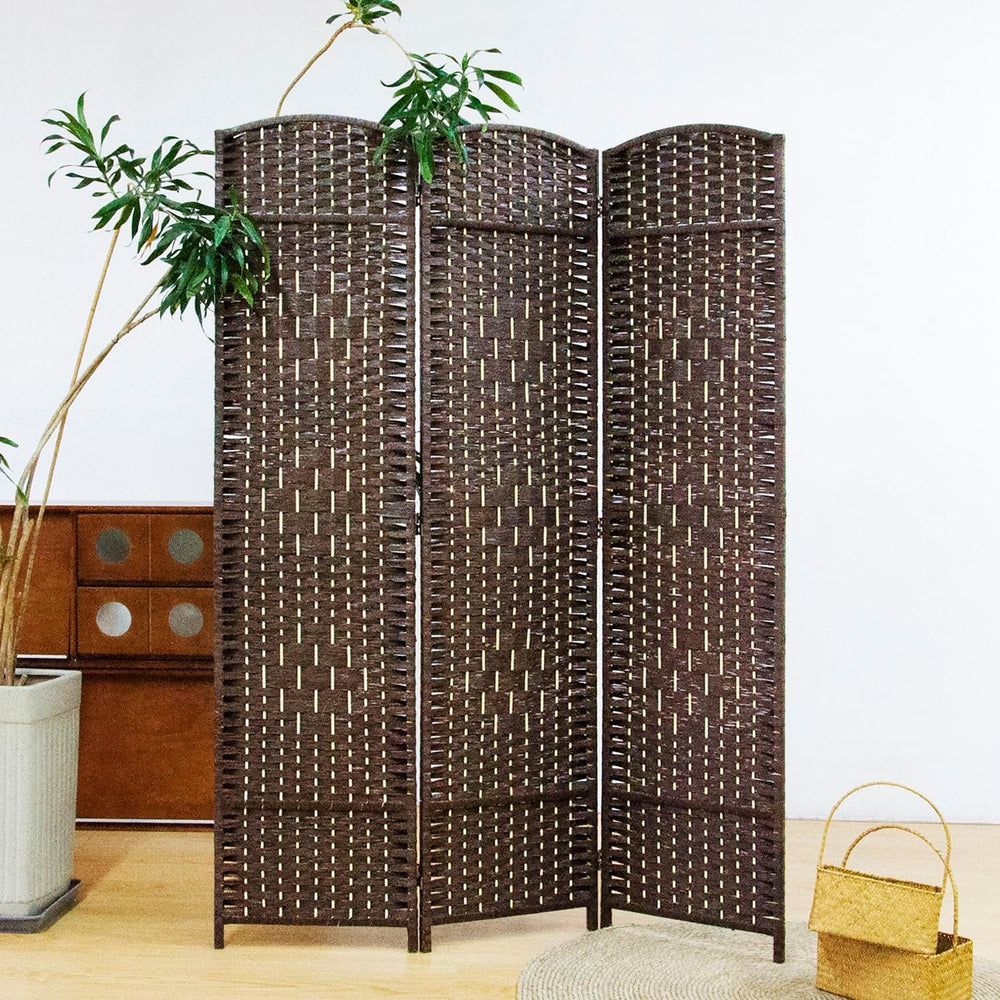 Furnnylane 3 Panel Rattan Room Divider, Dark Brown Folding Privacy Screen