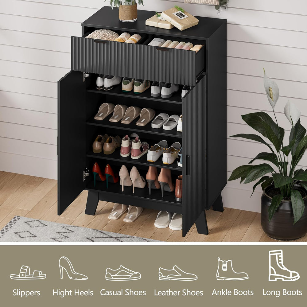 HUANLEGO 4 Tier Fluted Shoe Cabinet Storage for Entryway, Black