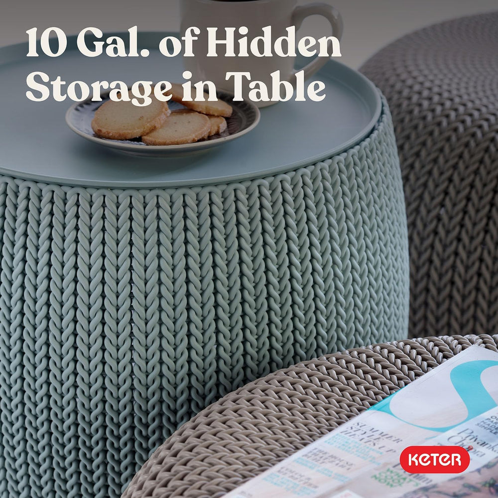 Keter Urban Knit Pouf Ottoman Set of 2 with Storage Table for Patio and Room ...