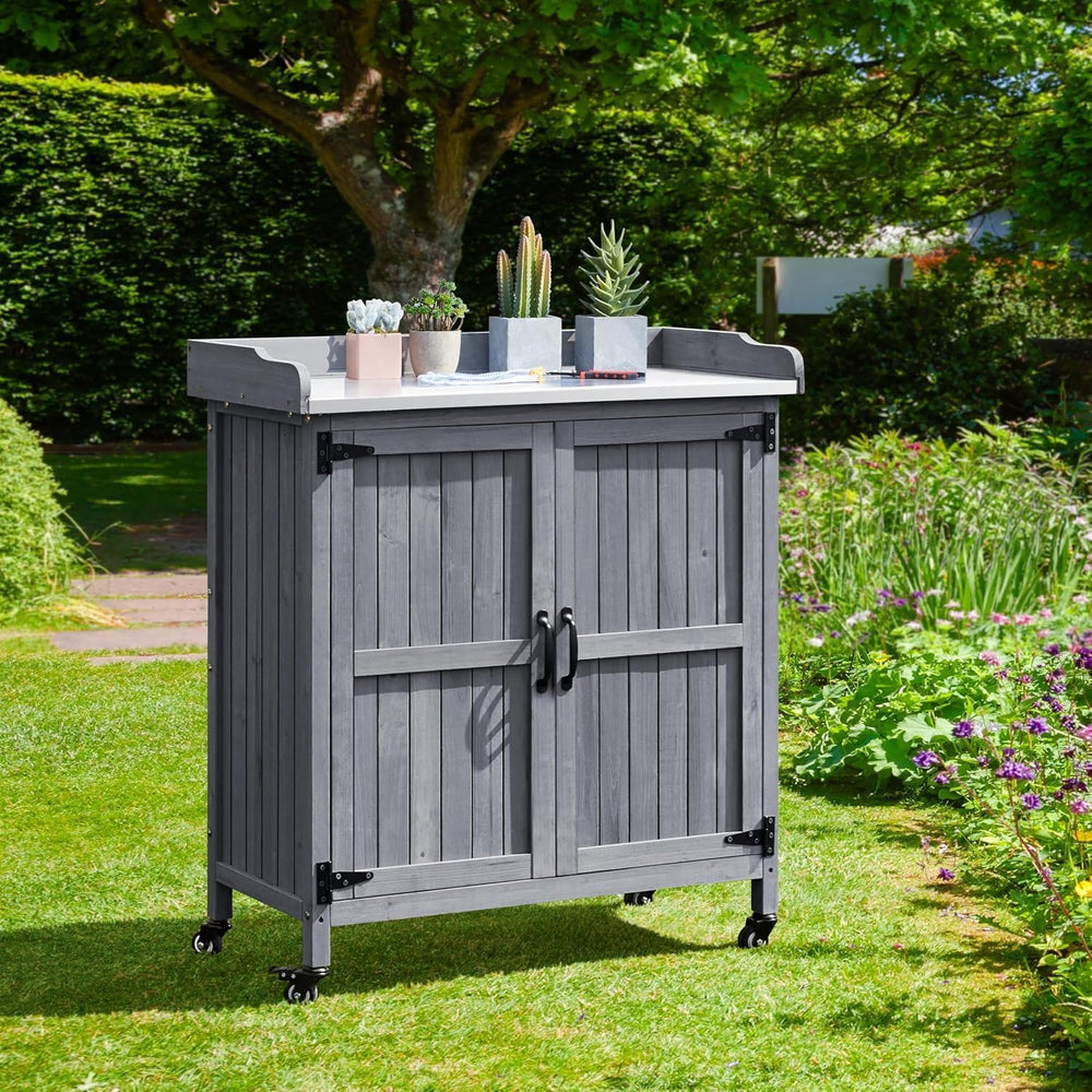 Topeakmart Potting Bench for Outside with Storage Cabinet & Metal Top,Gray