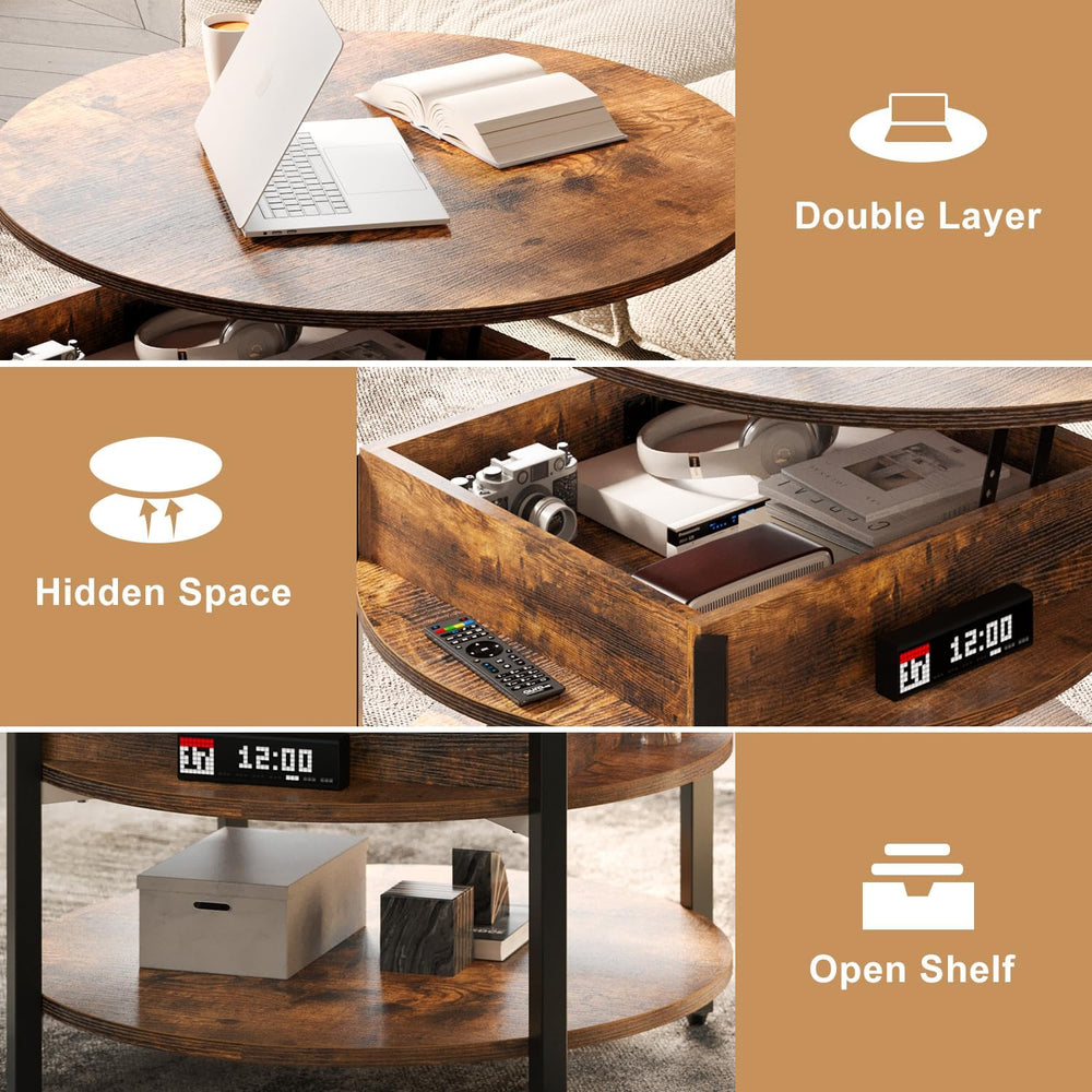 FABATO 26.77” Round Lift Top Coffee Table with Storage, Rustic Brown