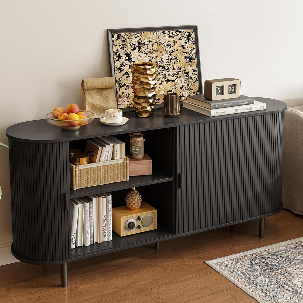 ONBRILL 63" Sideboard Buffet Cabinet, Sliding Door/Adjustable Shelf, Black
