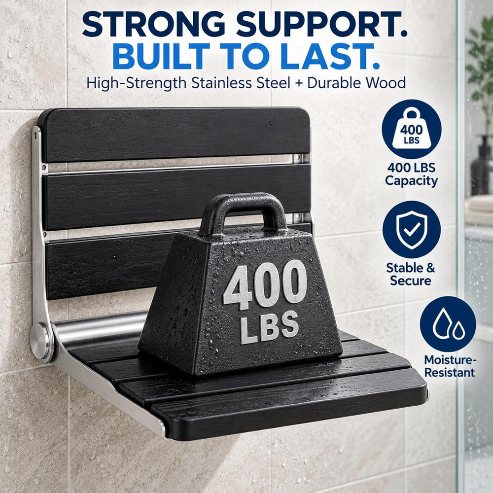 Foldable Shower Seat Wall Mounted 16 in Wide, Teak Bench for Small Shower