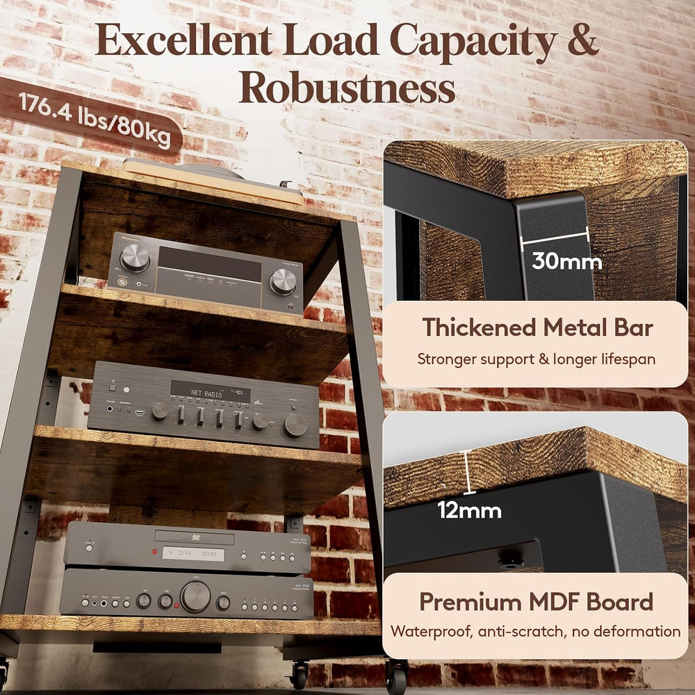 Lifewit 4 Tier Media Stand with Power & LED, Stereo Cabinet, Rustic Brown
