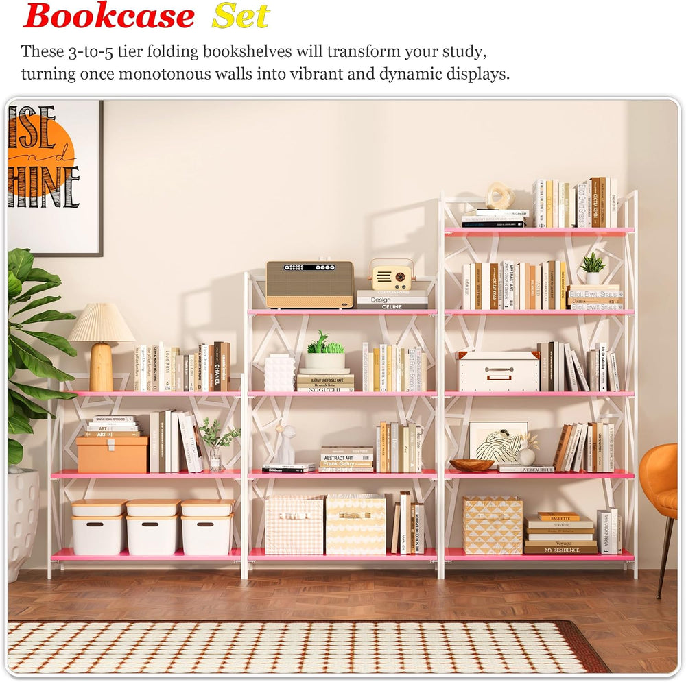 UDD No Assembly Wide Folding Bookshelf, 34" H x 30.9" W, 3 Tier Fol...