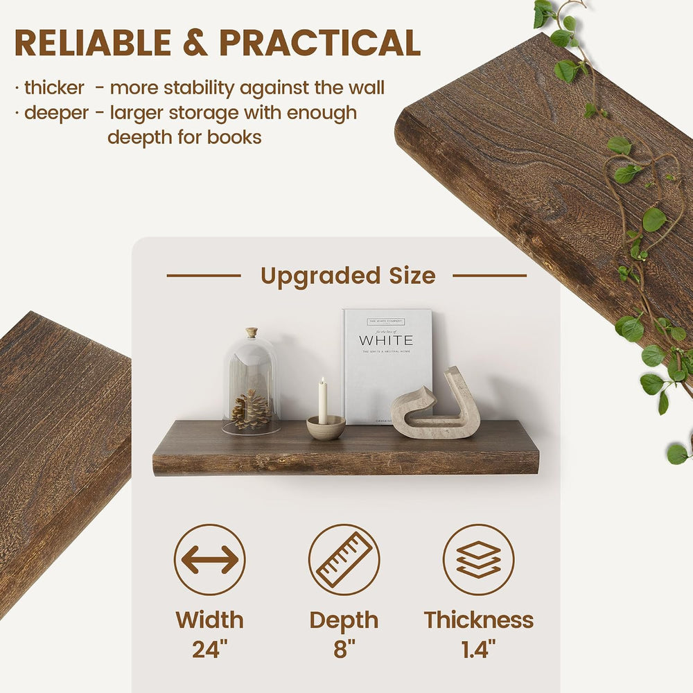 Solid Wood Floating Shelves 24 Inch, Live Edge, Heavy-Duty, Walnut, 2pcs