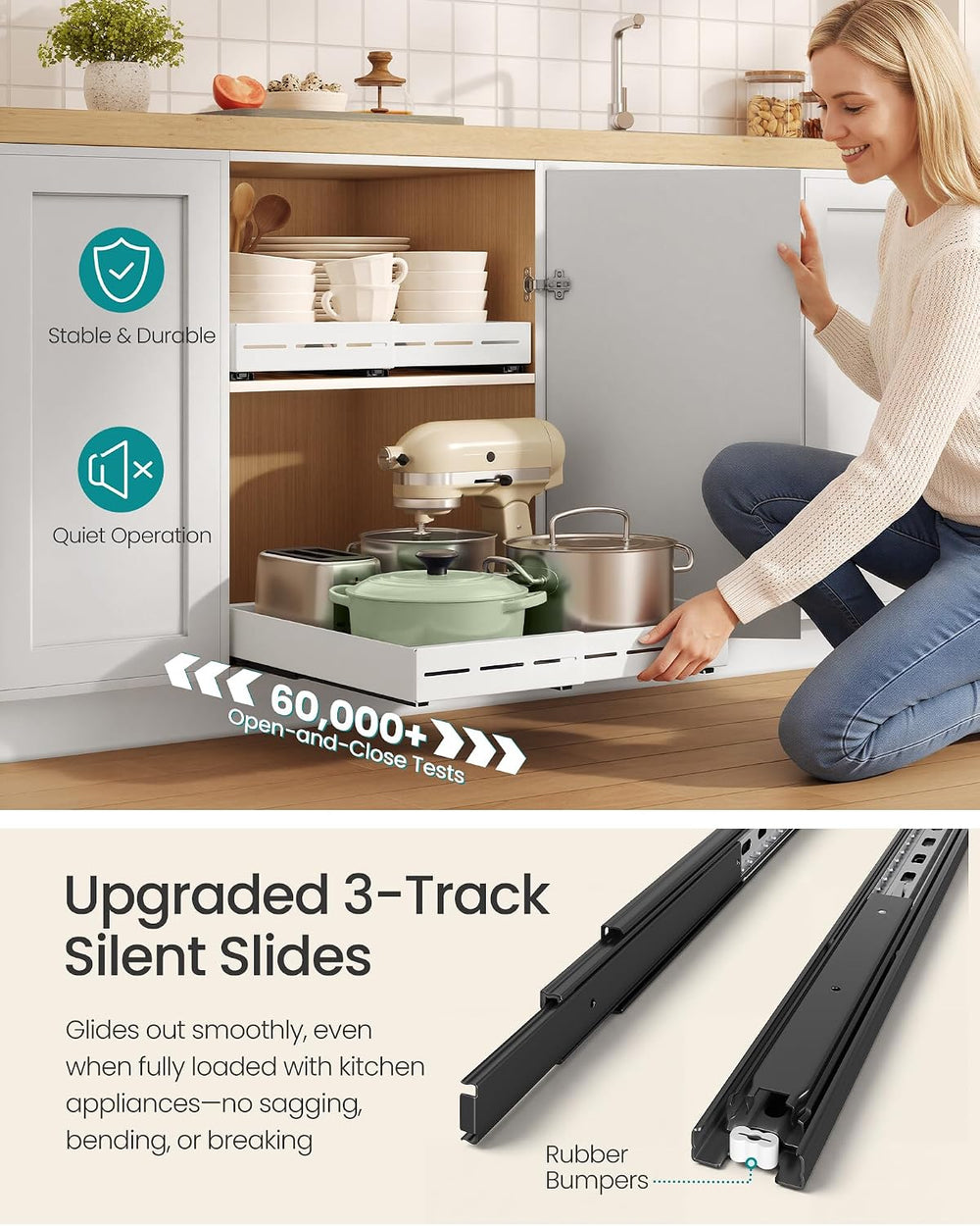 SONGMICS 2 Pack Expandable Pull Out Cabinet Organizer 21"Deep 3 Rail Slide