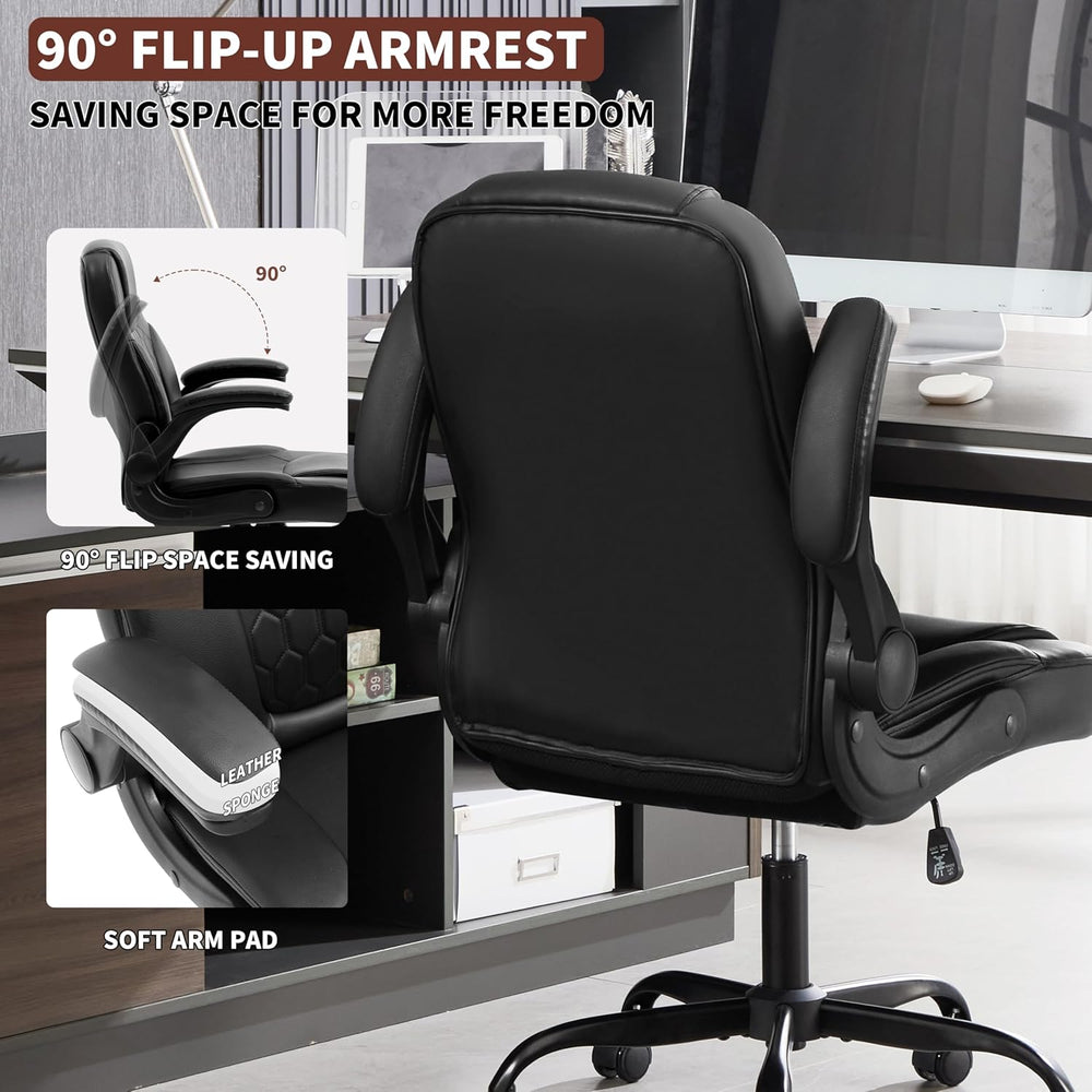 Leather Office Chair Swivel Lumbar Support for Short People Black