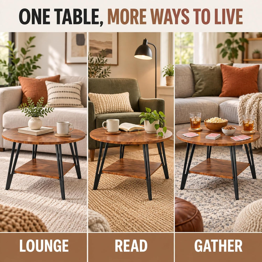 Manora 28" Round Coffee Table for Living Room, Storage Shelf, Rustic Brown
