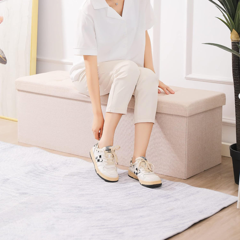 Storage Ottoman Bench Foldable Footrest Foot Stool, 45" Fabric Cream