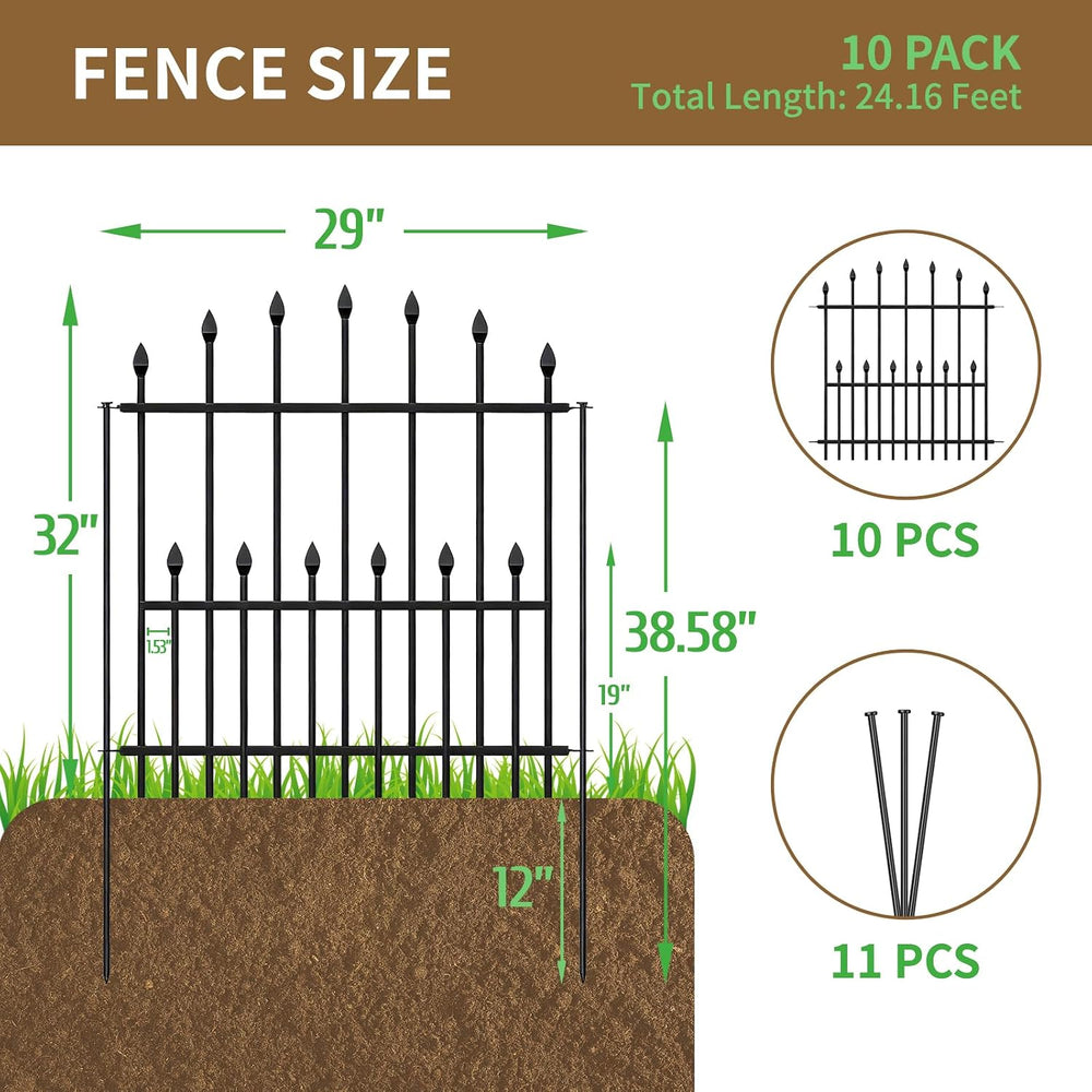 Decorative Garden Fence - 32in(H) x 24.16Ft(L) Heavy Duty Metal Animal Barrie...