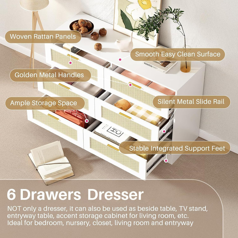 Redlife White Dresser for Bedroom, 6 Drawer Dresser with Golden Handles, Wood...