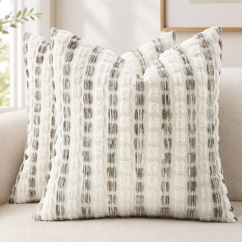 decorUhome Chenille Tufted Stripe Throw Pillow Covers 20x20 Set of 2 Beige