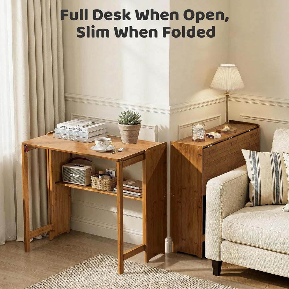 Bamboo Folding Desk for Small Spaces, Small Computer Foldable Desk, Brown