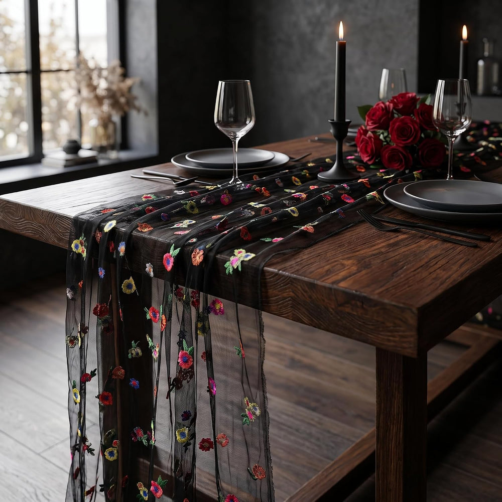 Black Embroidered Floral Daisy Tulle Table Runner Halloween 10FT 6 Pack