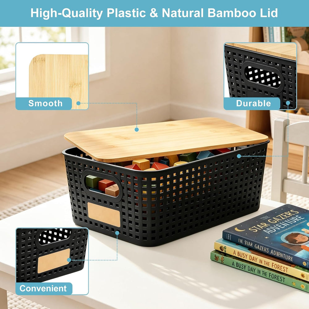 Bagnizer Small Plastic Storage Bins with Bamboo Lids 5.2qt Stackable Box Bask...