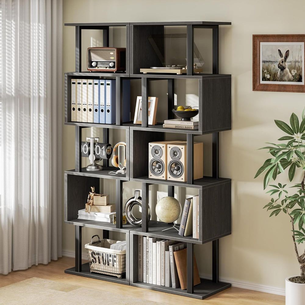 Furologee 6 Tier Bookshelf, S Shaped Geometric Bookcase, Black Oak