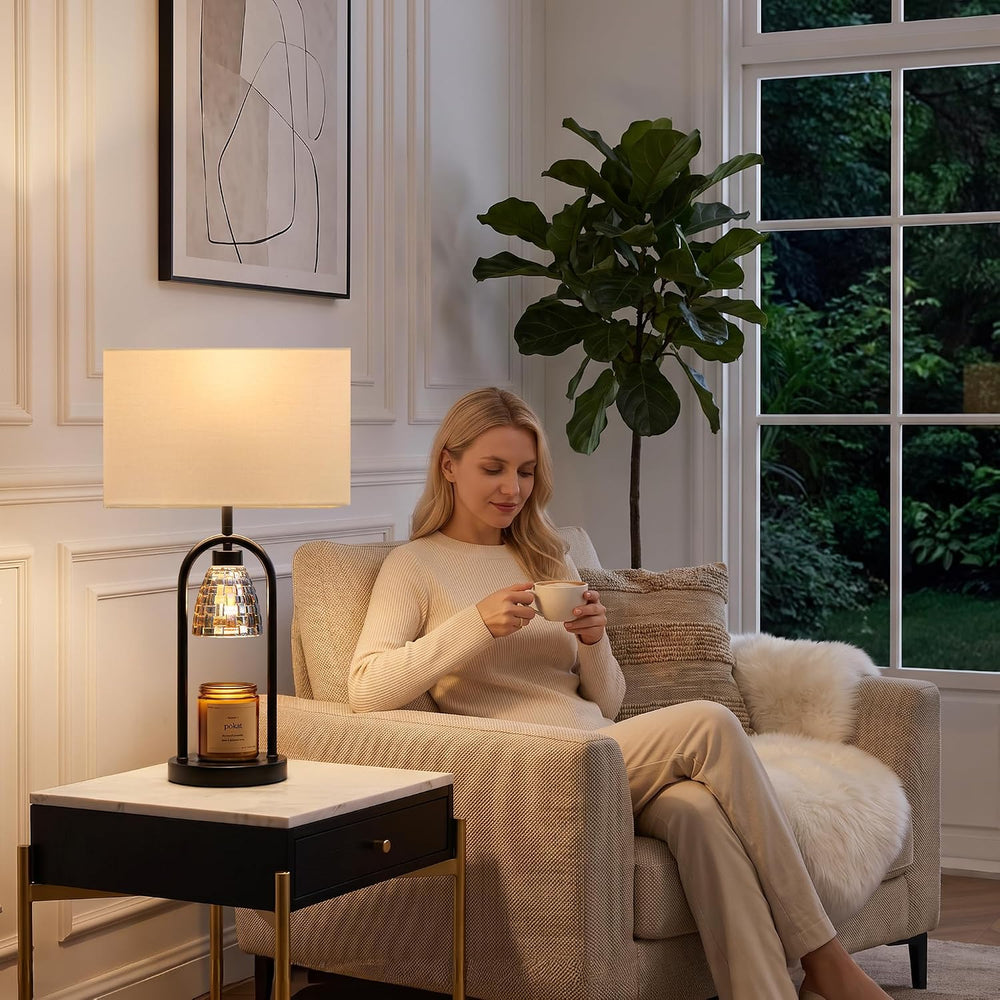 PoKat 22'' Modern Table Lamp with Candle Warmer for Bedroom, Matte Black