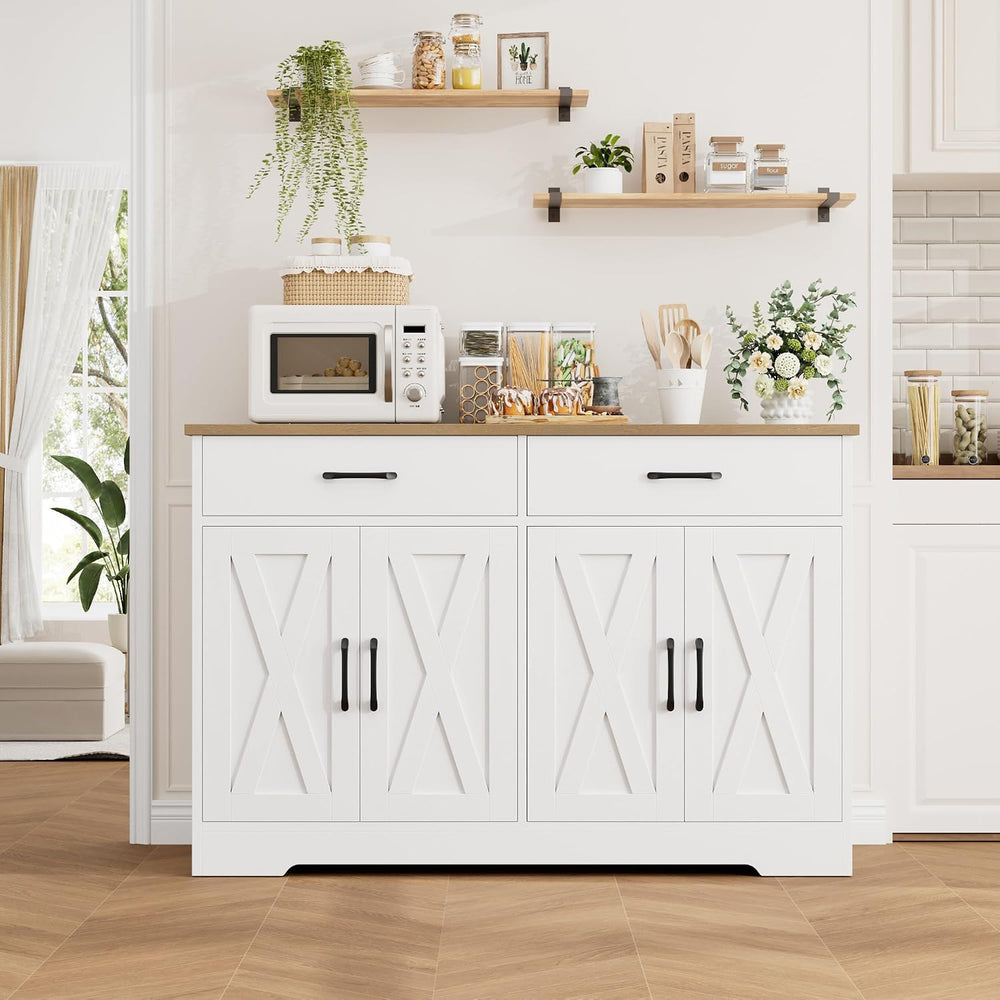 HOSTACK 47" W Kitchen Sideboard Buffet Cabinet with Storage Drawers, White