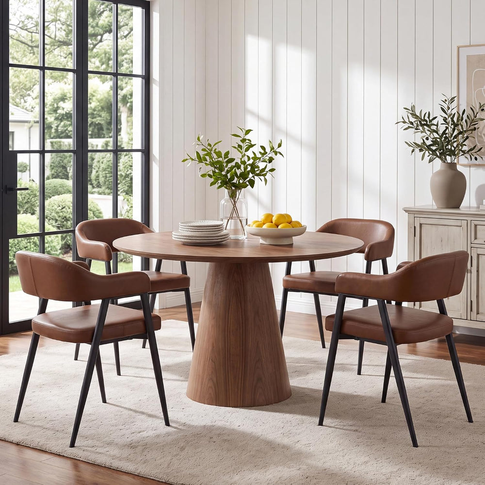 HNY Modern Dining Chairs with Arms Set of 2, Brown Retro Faux Leather Chair