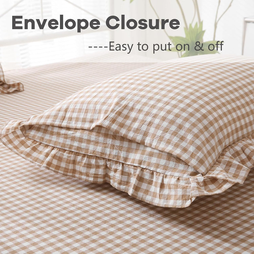 2 Pack Taupe White Gingham Ruffle Euro Pillow Shams 26''x26''