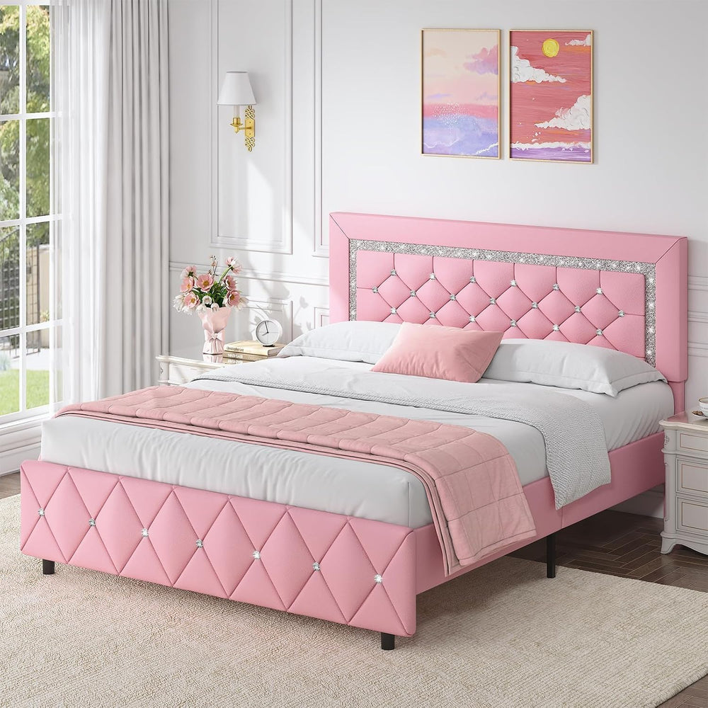 HOMBCK Full Size Bed Frame, Upholstered Platform Bed with Headboard, Pink