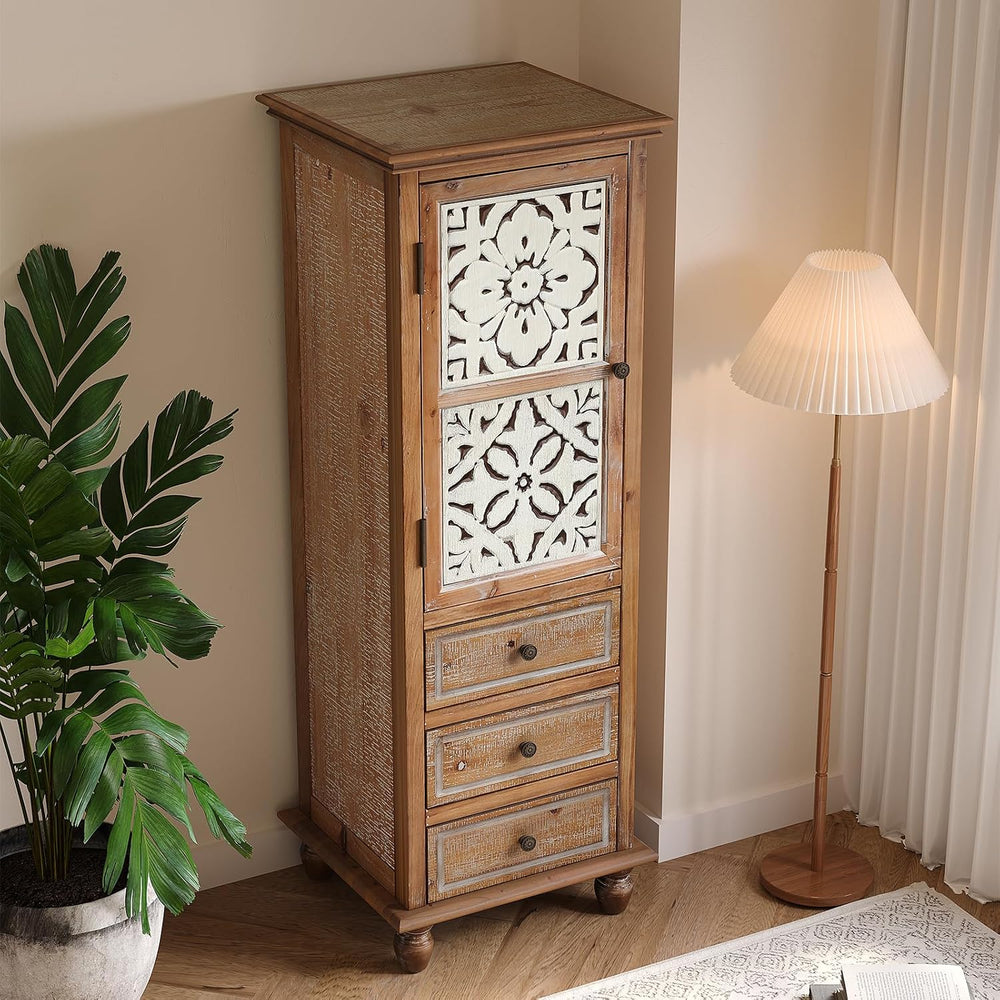 LKTART Solid Wood Tall Accent StorageCabinet,Narrow Carved Sideboard Buffet