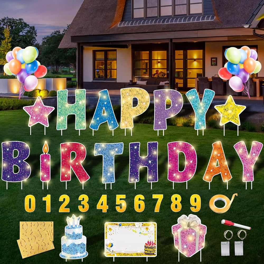 18Pcs Happy Birthday Yard Sign with Stakes,Led Light,16" Lawn Decor