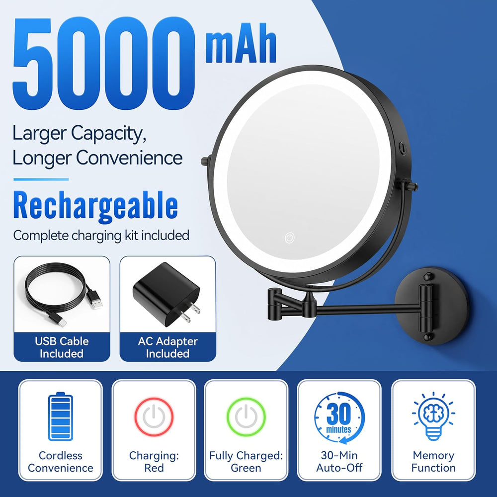 Auxmir 9″ 5000mAh 1X/30X Wall Mounted Lighted Magnifying Makeup Mirror