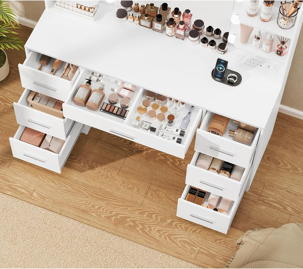 Quimoo Large Vanity Desk with LED Lighted Mirror & Power Outlet,Makeup Va...