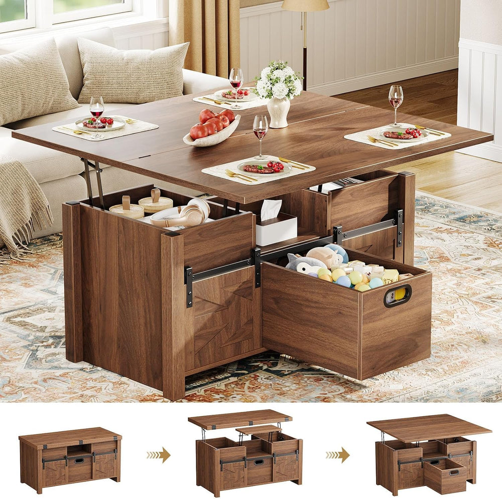 Memobarco 40" Farmhouse Lift Top Coffee Table with Storage Drawers,Walnut