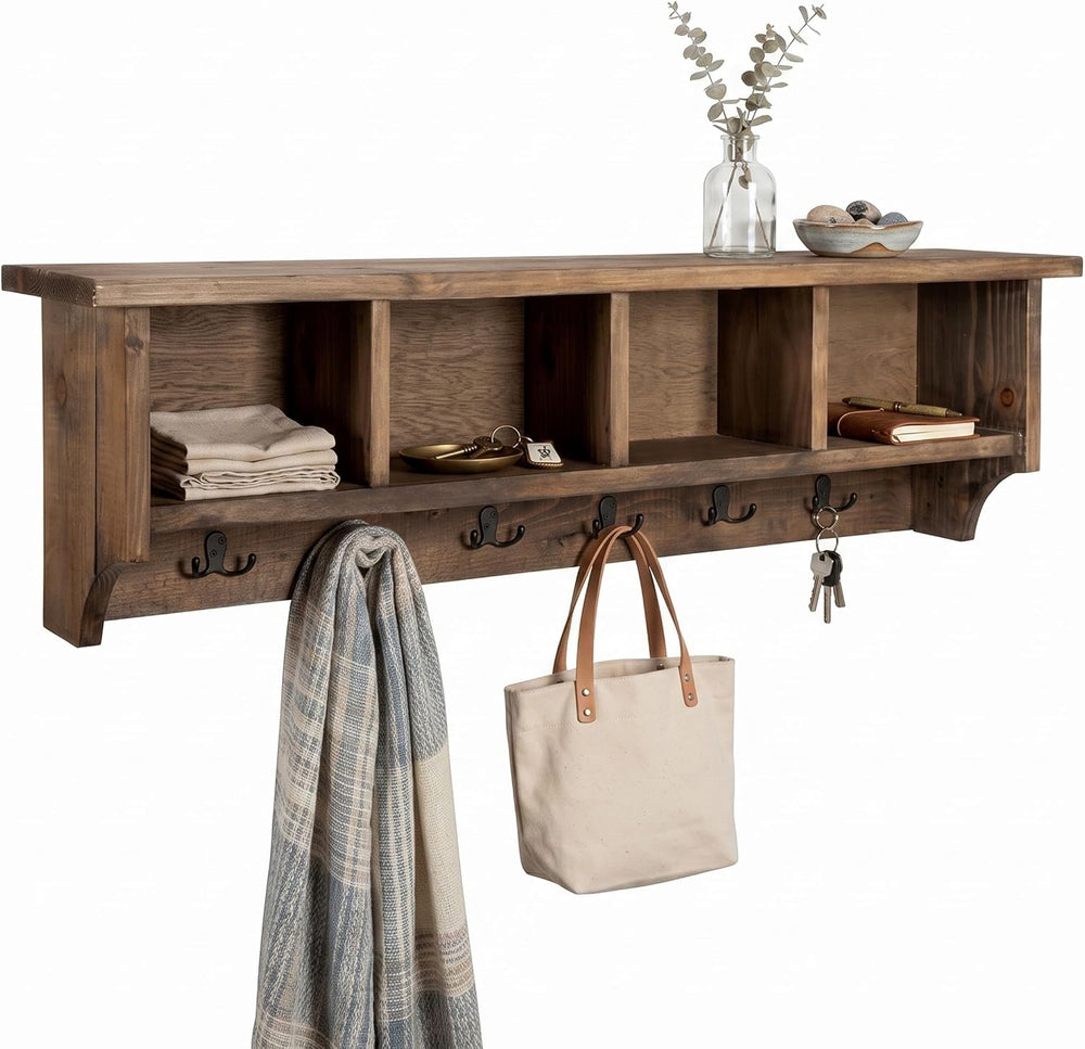 Pomona Solid Wood Entryway Coat Rack with Cubbies, Rustic Brown, 48”
