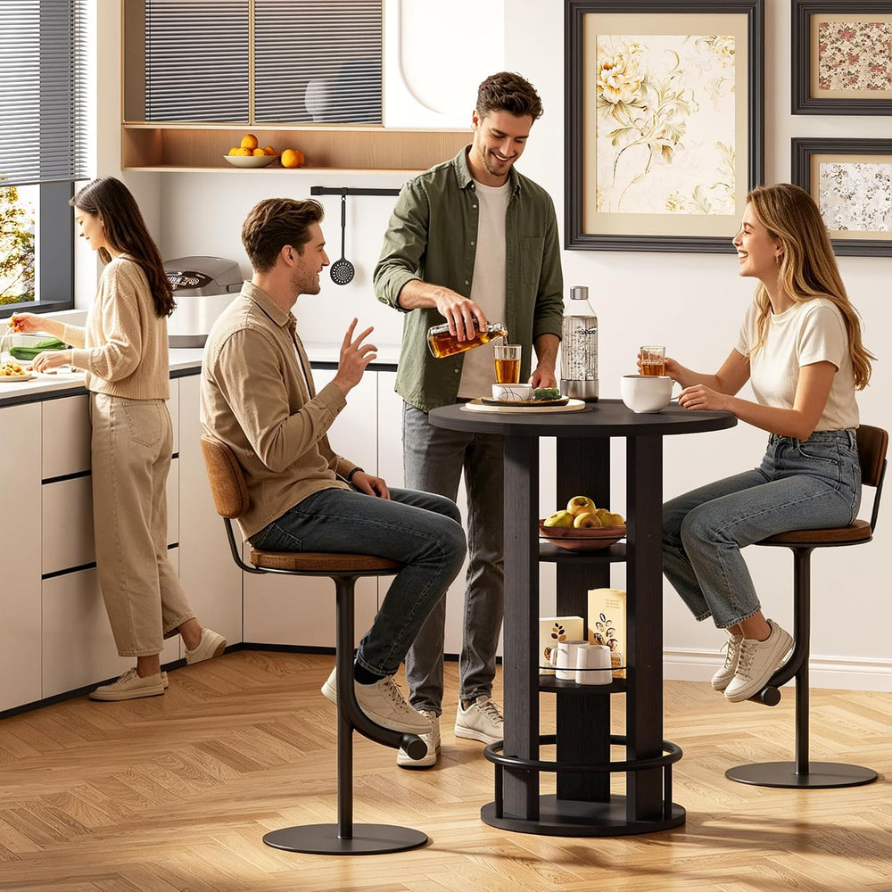 Bar Table with Storage and Footrest, Round 39" H Pub Table, Black