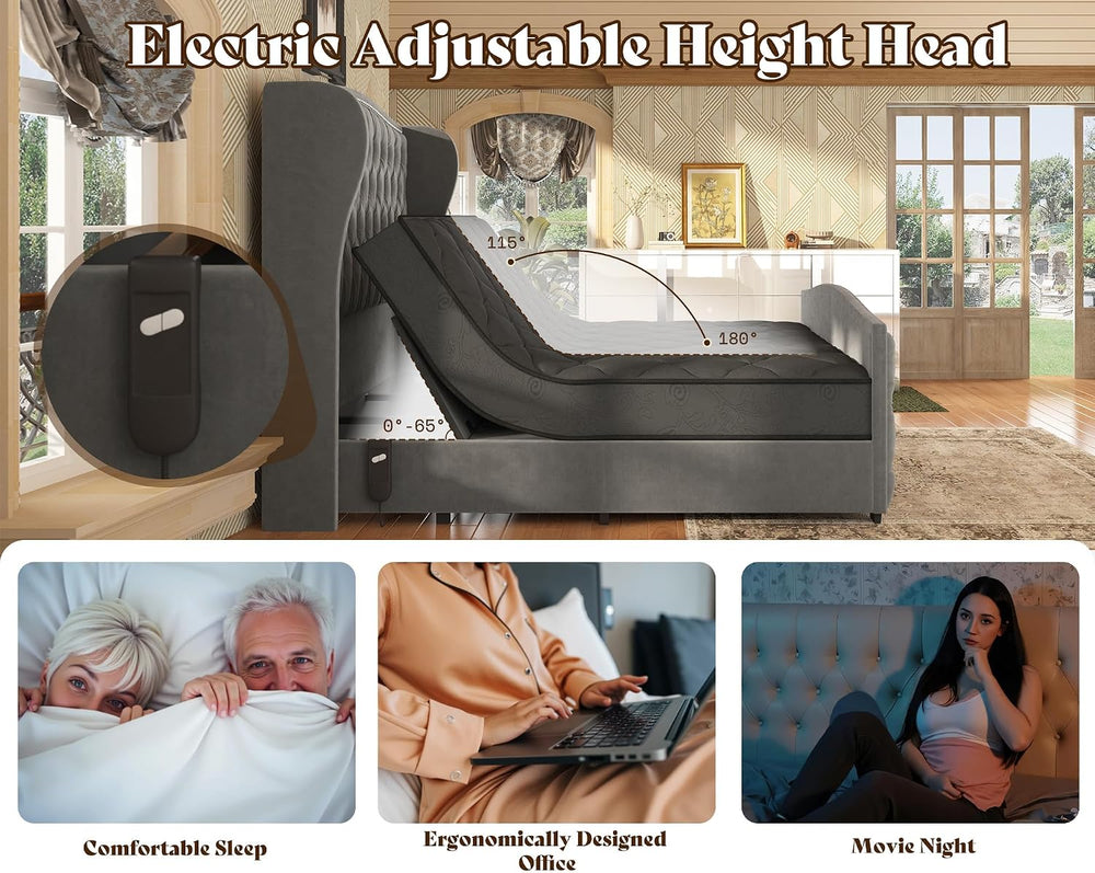 AMERLIFE King Adjustable Bed Frame with 51" Velvet Upholstered Headboard
