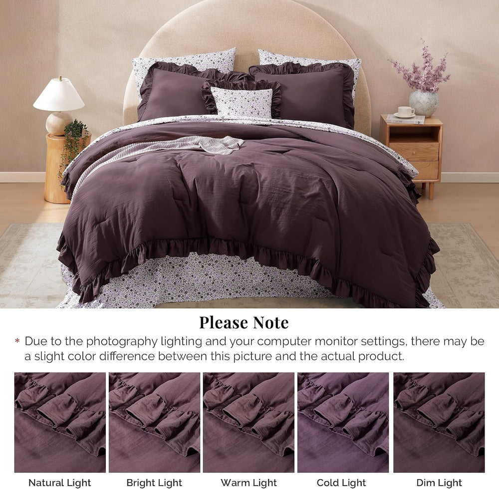 BLOOMHAVEN Full Size Comforter Sets-7 Pieces Ruffle Bedding Floral Sheet