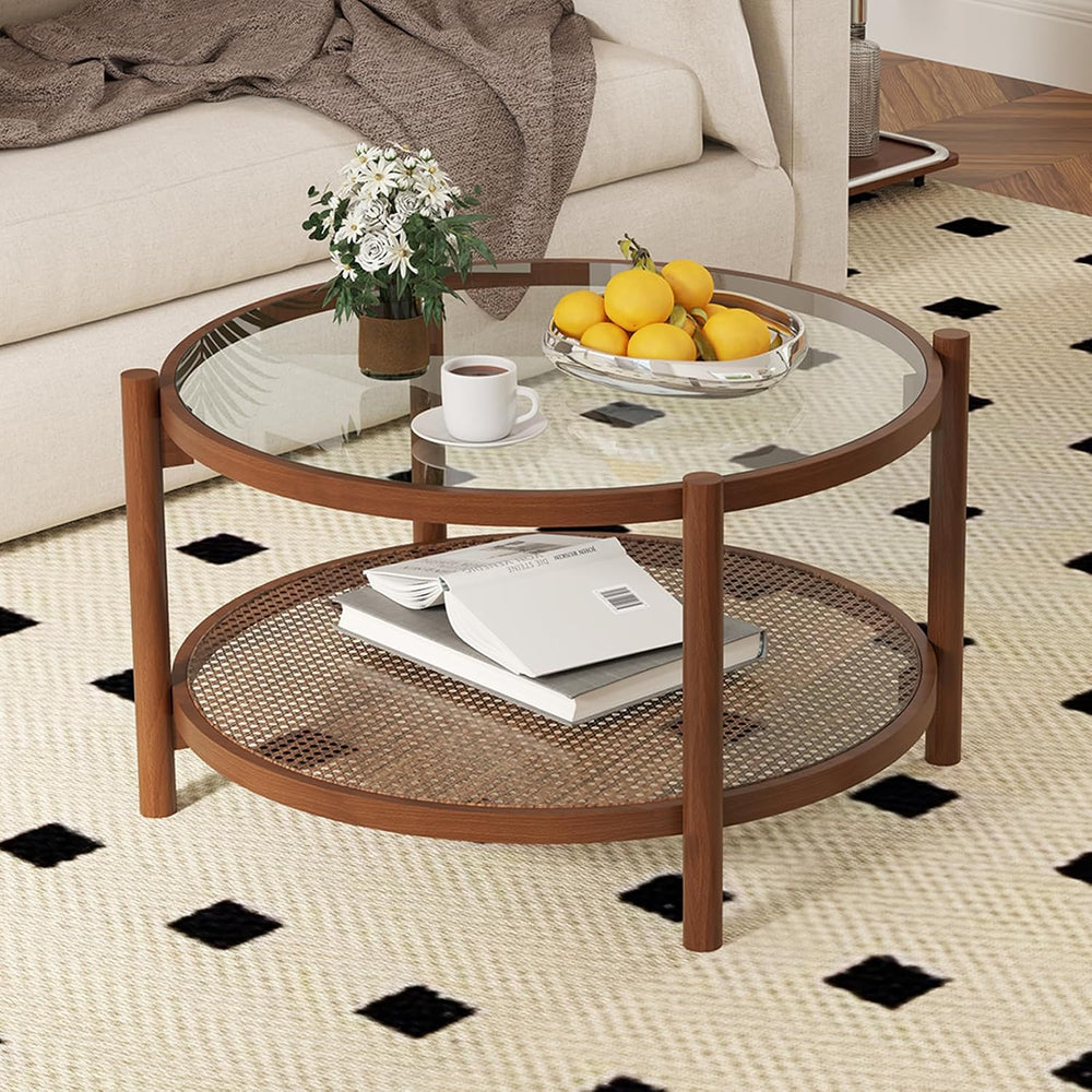 GOFLAME Rattan Coffee Table, Boho Glass Center Table with Solid Wood Frame, T...