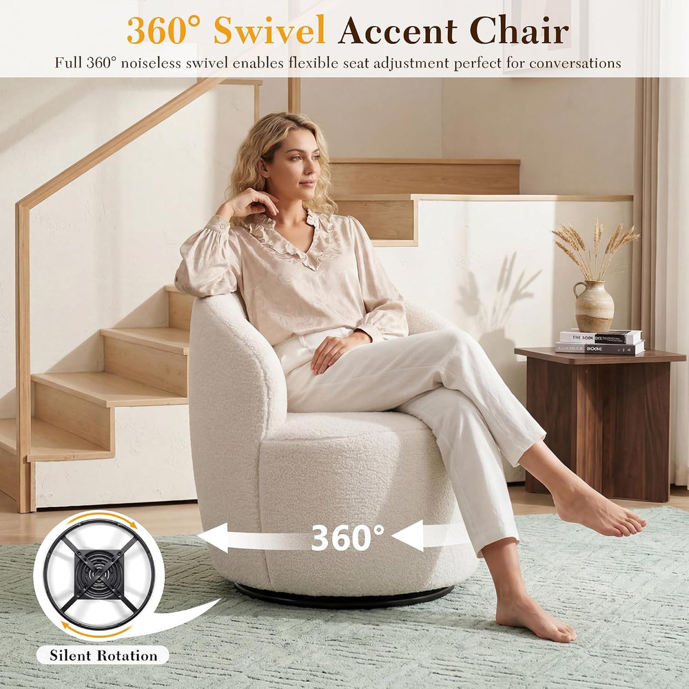 FOXHUNTER 360° Swivel Accent Chair, Barrel Chairs, Teddy Ivory